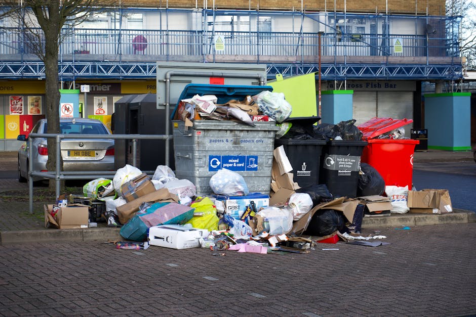 A large collection of discarded household crockery, including broken and intact porcelain plates, bowls, and cups in various designs and colors, with most items spilling over a pile of mixed debris. T