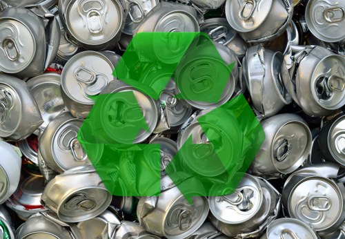 A close-up photograph of a large pile of aluminium beverage cans, predominantly silver in colour with some hints of red, green, and white on the can tops and labels. The cans are stacked haphazardly, with some overlapping and others lying on their sides, displaying various pull tabs, and open tops. The surface texture of the cans is smooth and metallic, reflecting light in a subtle sheen. The background shows more cans extending into the distance, creating a dense, cluttered appearance typical of waste or recycling collections. The image includes a semi-transparent green recycling symbol overlaying the cans, emphasizing the importance of waste separation and recycling practices relevant to rubbish removal services like those offered by Office Clearance Hendon, serving the Hendon area in North London.